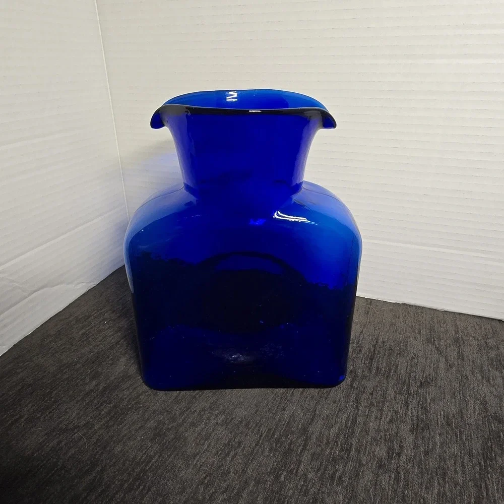 Blenko Hand Blown Cobalt Blue Water Bottle Pitcher Vase 8 Inches Collectable